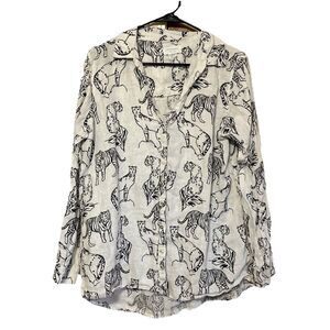 Cynthia Rowley Linen Tiger Print Button Down Blouse Women's Size Large